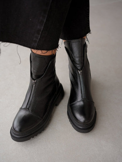 Women's Front Zipper Genuine Leather Square Toe  Boots