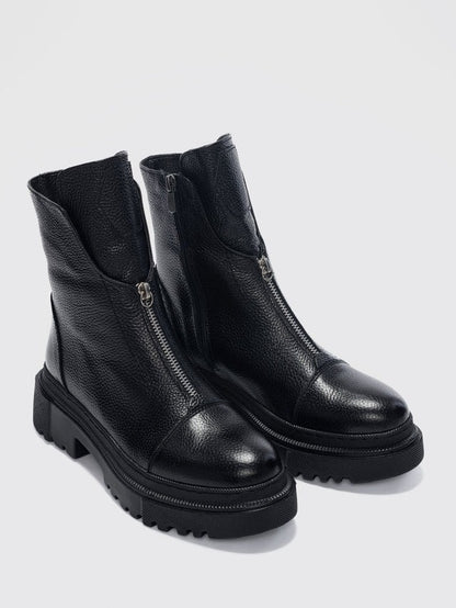 Women's Front Zipper Genuine Leather Square Toe  Boots