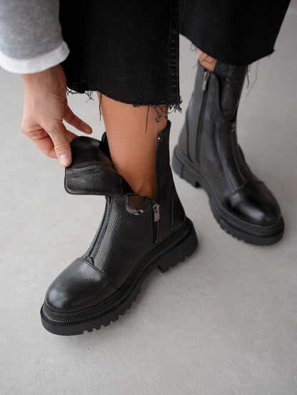 Women's Front Zipper Genuine Leather Square Toe  Boots