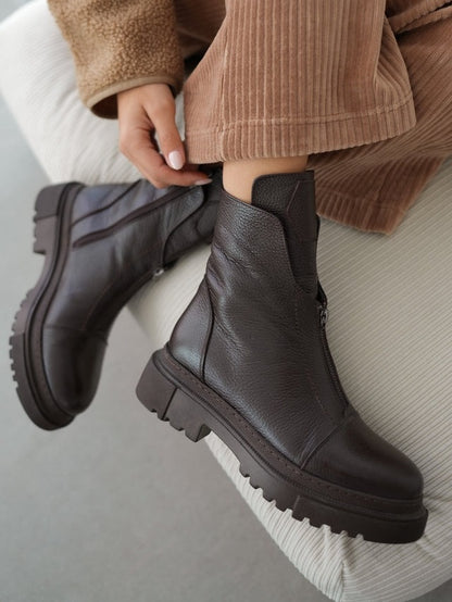 Women's Front Zipper Genuine Leather Square Toe  Boots