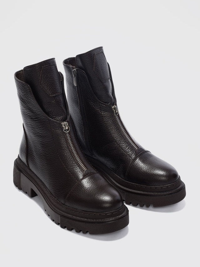 Women's Front Zipper Genuine Leather Square Toe  Boots