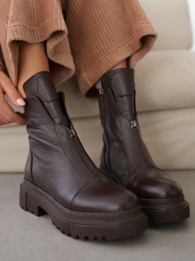 Women's Front Zipper Genuine Leather Square Toe  Boots