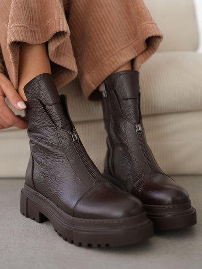 Women's Front Zipper Genuine Leather Square Toe  Boots