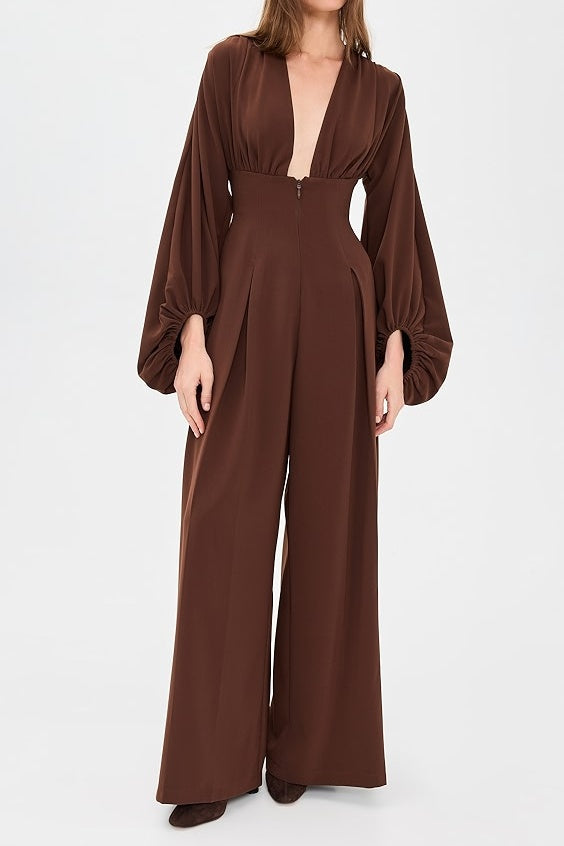 Deep V-neck Puff Sleeve Jumpsuit