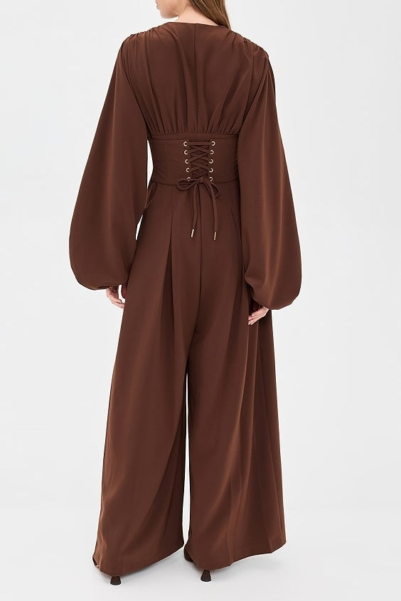 Deep V-neck Puff Sleeve Jumpsuit