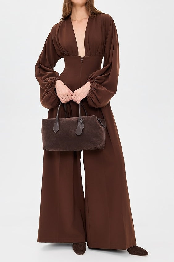 Deep V-neck Puff Sleeve Jumpsuit