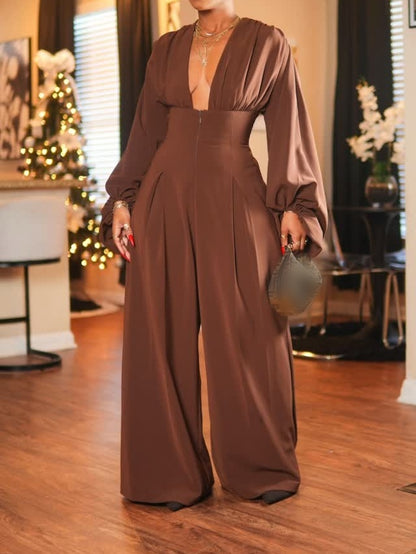 Deep V-neck Puff Sleeve Jumpsuit