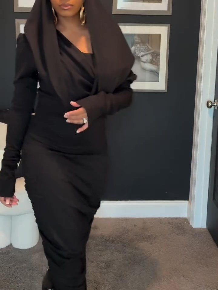 Sexy Off-shoulder Hooded Knit Maxi Dress