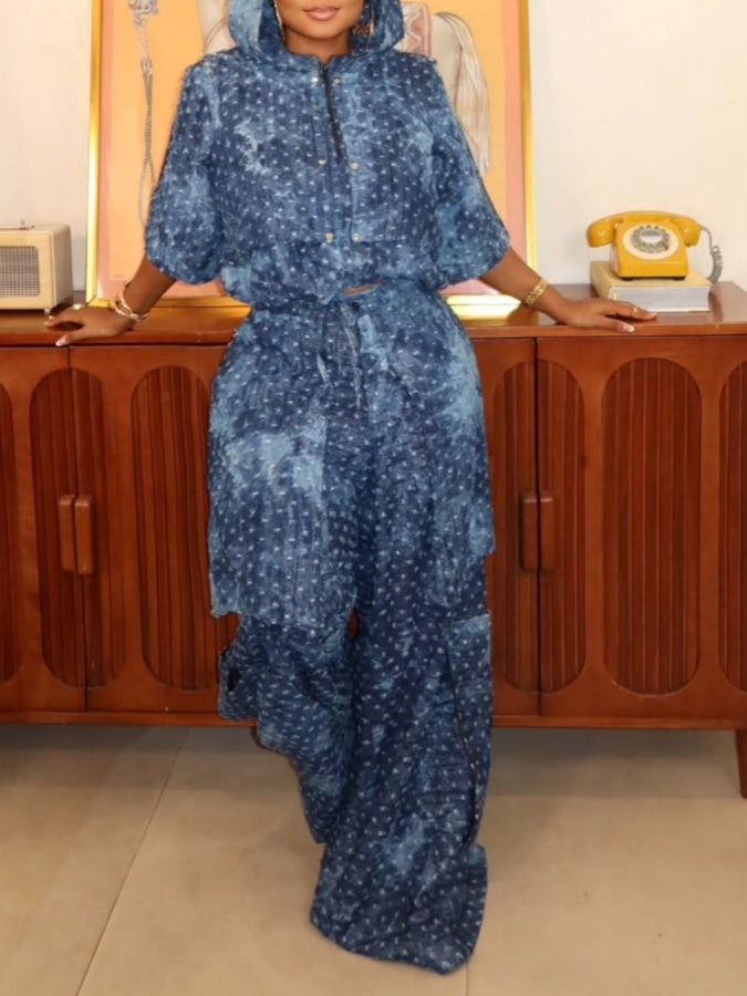 Stylish Hooded Denim Two-piece Set