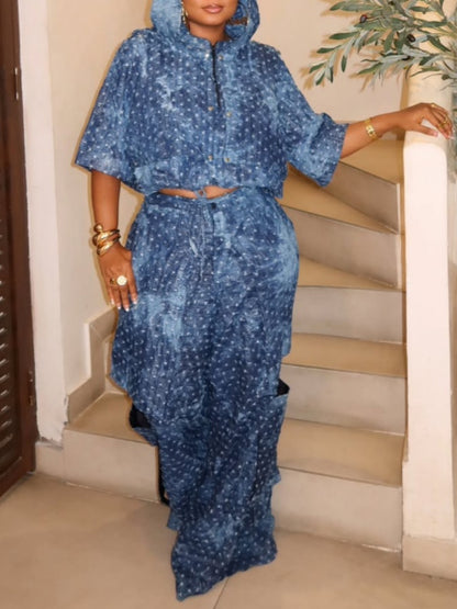 Stylish Hooded Denim Two-piece Set