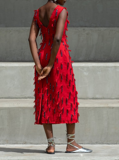 V-neck Tassel Midi Dress