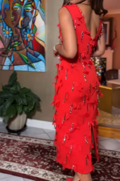 V-neck Tassel Midi Dress