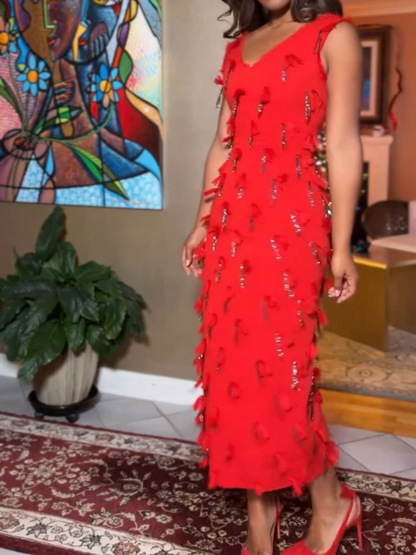 V-neck Tassel Midi Dress