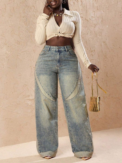 Loose Wide Leg Button Pocket Jeans