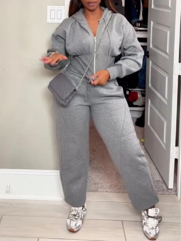 Zipper Hoodie And Barrel Sweatpants Two Pieces Set
