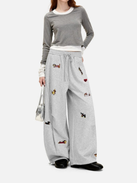 Cartoon Embroidered Hoodie Wide-Leg Pants Tracksuit