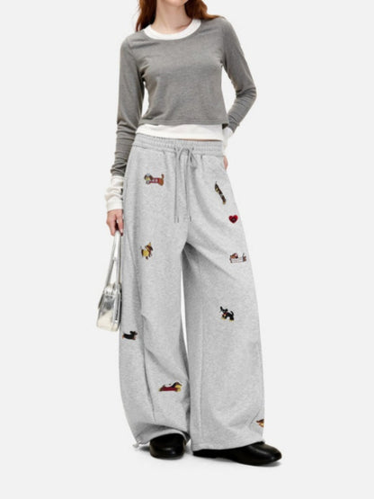 Cartoon Embroidered Hoodie Wide-Leg Pants Tracksuit