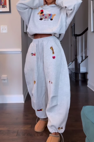 Cartoon Embroidered Hoodie Wide-Leg Pants Tracksuit