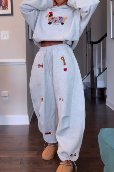 Cartoon Embroidered Hoodie Wide-Leg Pants Tracksuit