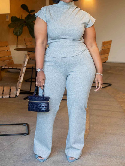 Elegant High-Neck Short Sleeve Top & Pants Set