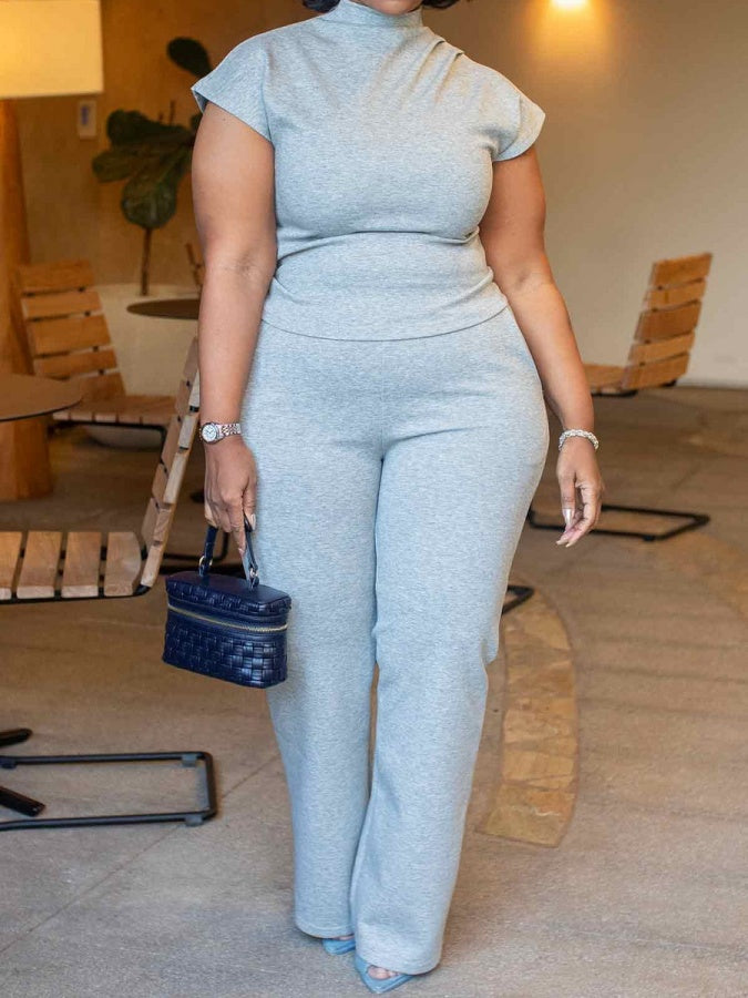 Elegant High-Neck Short Sleeve Top & Pants Set