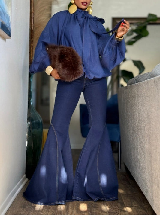 Denim Top With Bow Neckline