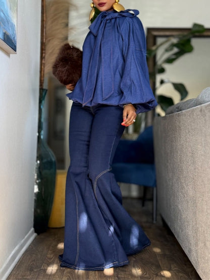 Denim Top With Bow Neckline