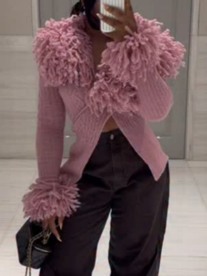 Statement Fringed Ribbed Knit Cardigan