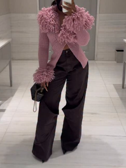 Statement Fringed Ribbed Knit Cardigan