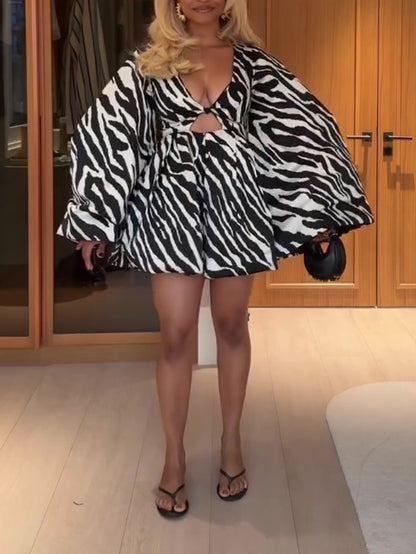 V-neck Flared Sleeve Zebra Print Jumpsuit