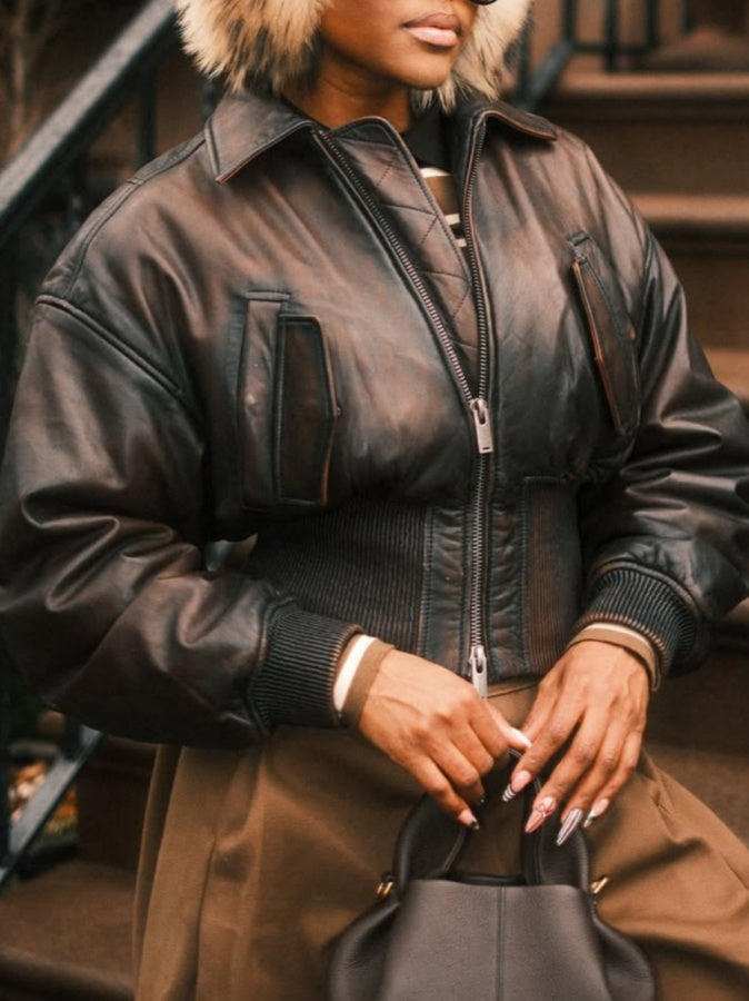 Lapel Zip Closure Cropped Leather Jacket