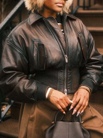 Lapel Zip Closure Cropped Leather Jacket