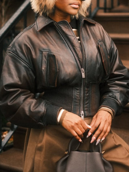 Lapel Zip Closure Cropped Leather Jacket