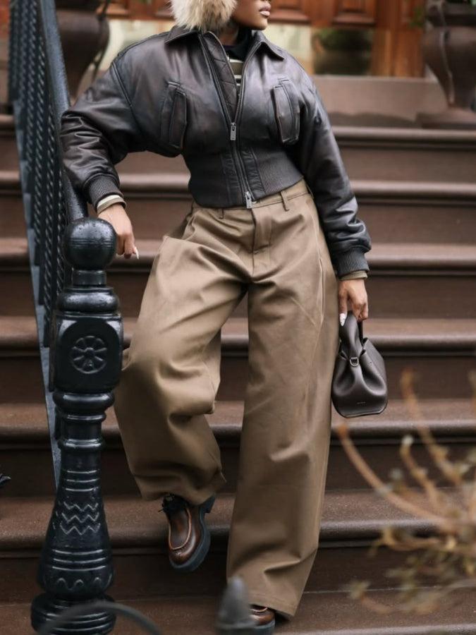 Lapel Zip Closure Cropped Leather Jacket