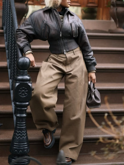 Lapel Zip Closure Cropped Leather Jacket