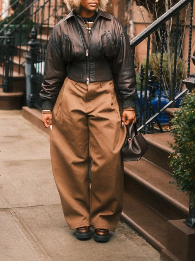 Lapel Zip Closure Cropped Leather Jacket