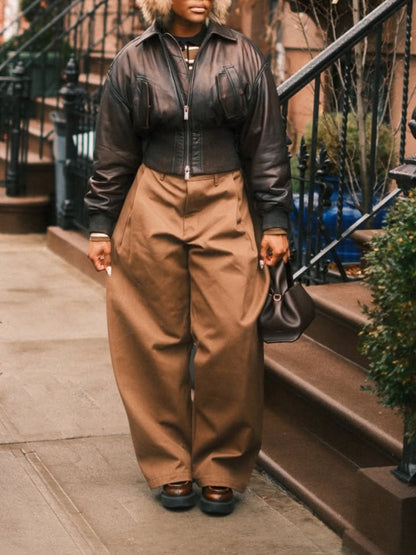 Lapel Zip Closure Cropped Leather Jacket