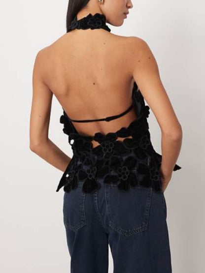 Embroidered Cut Work Halterneck High Neck Top