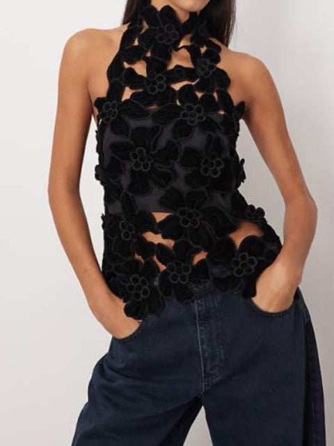 Embroidered Cut Work Halterneck High Neck Top