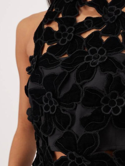 Embroidered Cut Work Halterneck High Neck Top