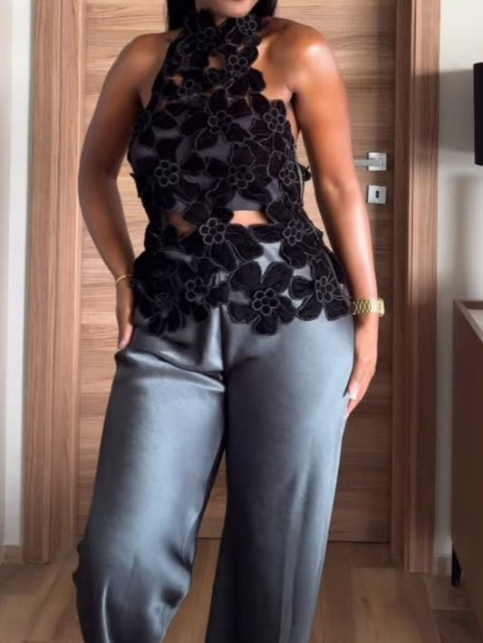 Embroidered Cut Work Halterneck High Neck Top