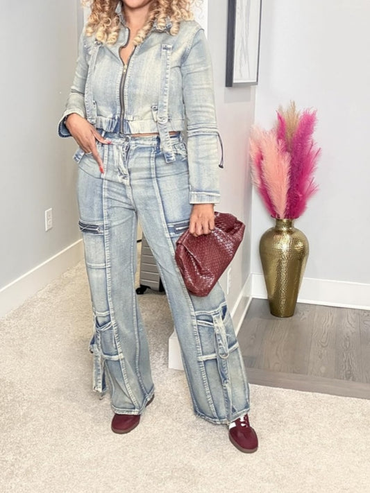 Long Sleeve Crop Jean Jackets Cargo Pants With Pockets Set