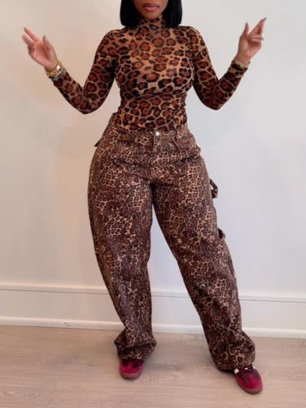 Leopard Print Slim Fit Mesh Top