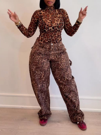 Leopard Print Slim Fit Mesh Top