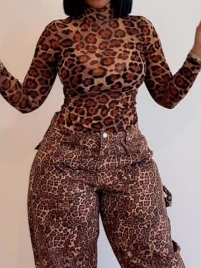Leopard Print Slim Fit Mesh Top