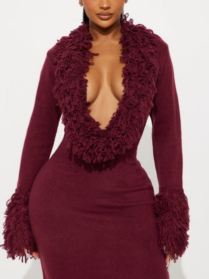 V-neck Fringed Knit Dress