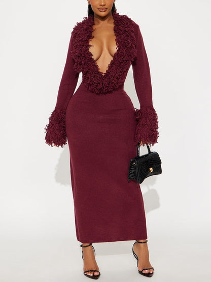 V-neck Fringed Knit Dress