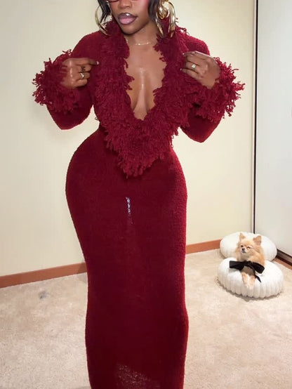 V-neck Fringed Knit Dress