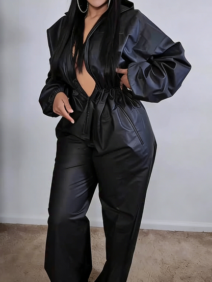 Long-sleeved Half-zip Hooded Jumpsuit