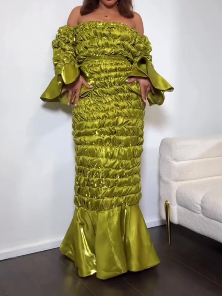 Bell Sleeves And Ruffled Hem Skirt Two Pieces Set